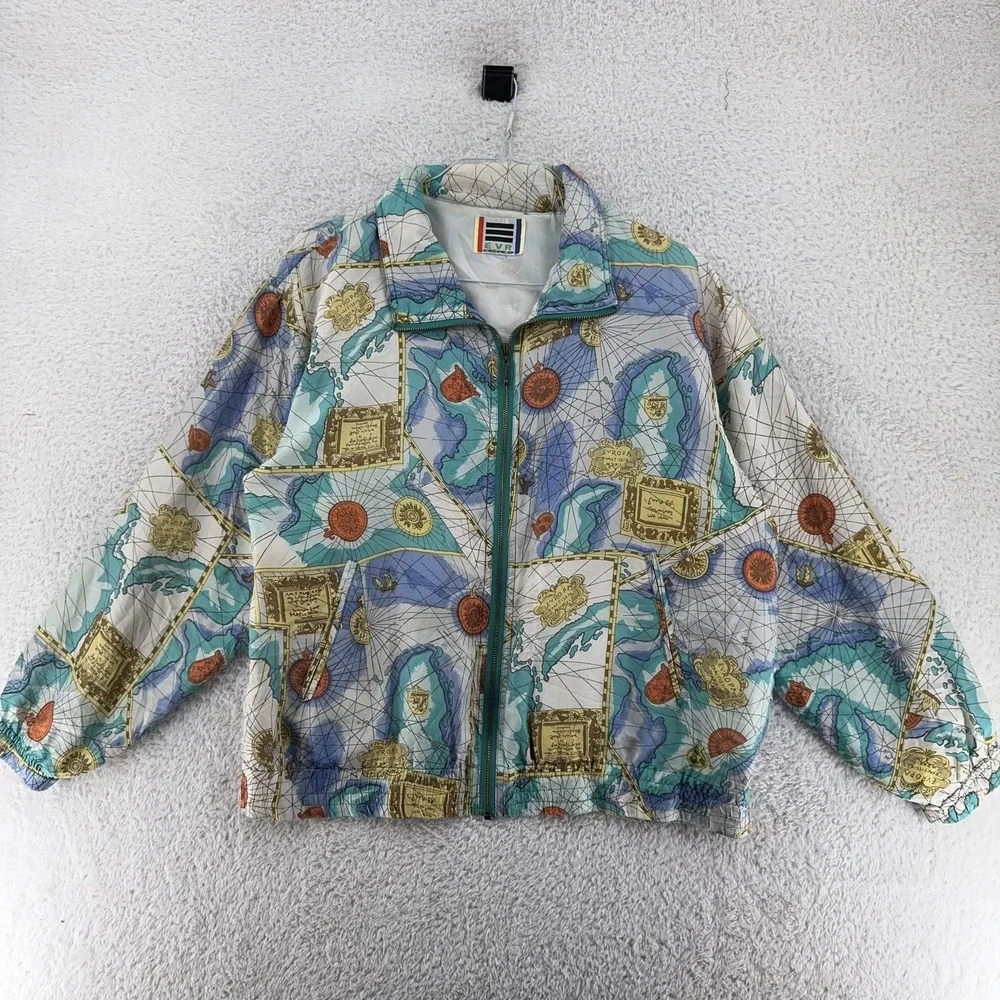 Vintage EVR Map Print Windbreaker Jacket Mens Large Full Zip 90s Retro‎